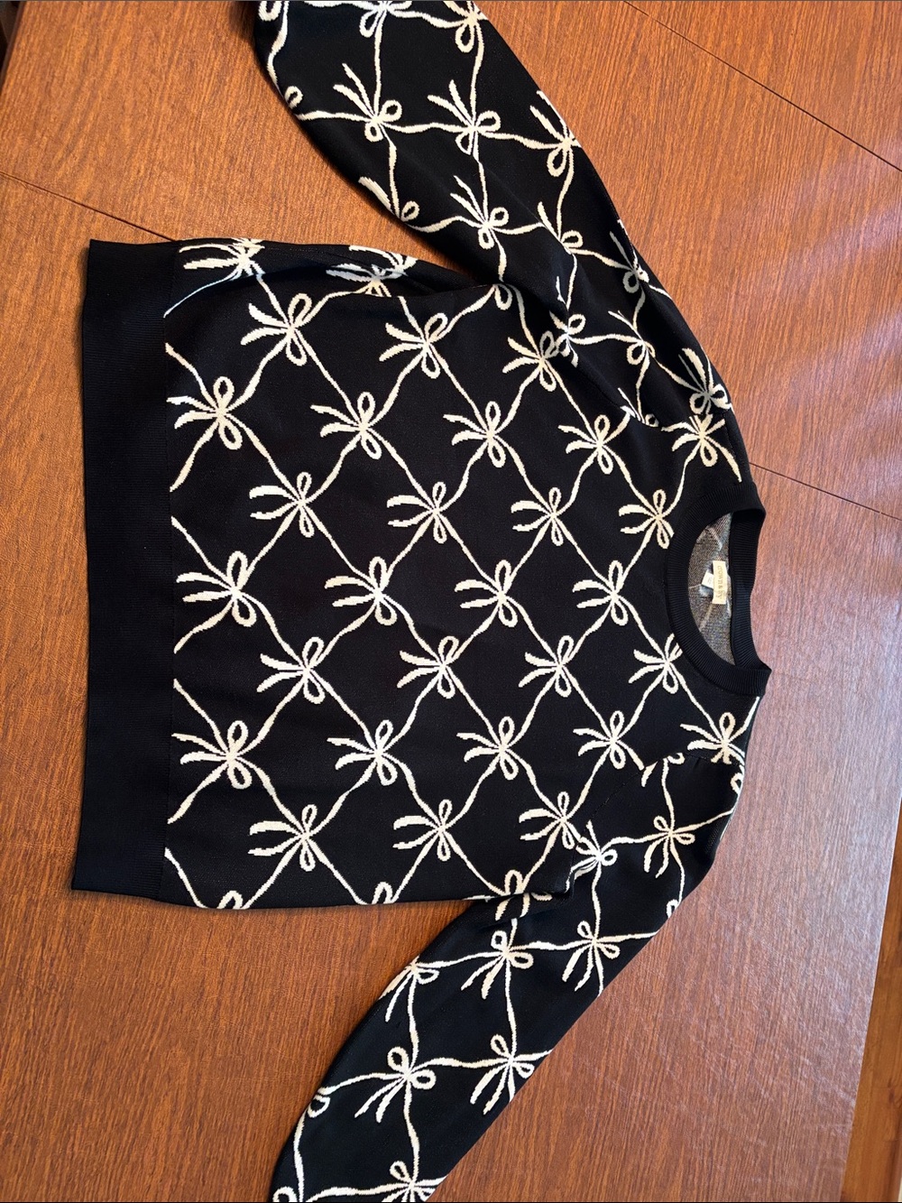 crown & ivy Black Crewneck Sweater with White Bow Pattern